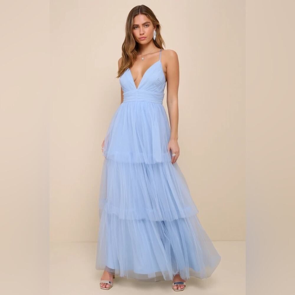 Lulus Charming Glamour Light Blue Tulle Sleeveless Tiered Maxi Dress